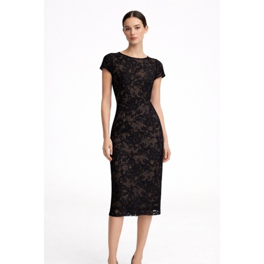 Mango MNG Suit Black Floral Lace Sheath Dress Nude Lining Cap Sleeve‎ Small